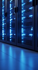 Poster - Close-up of illuminated server racks in a data center, showcasing technological infrastructure and digital power, symbolizing modern technology, computing, and networking