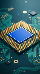 Poster - Close-up of central processing unit on circuit board, showcasing gold pins and blue chip, representing technology, innovation, and computing power