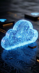 Aufkleber - glowing blue cloud shaped like circuit board, rests on a dark tech background, symbolizing digital d
