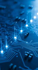 Fototapete - Close-up of blue circuit board, glowing nodes showing connection, technology concept, digital network, innovation, modern design, background image