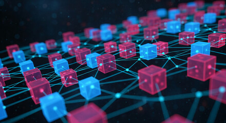 Fototapete - Interconnected network of glowing blue and red cubes, symbolizing data, blockchain, or digital connection.  Abstract technology concept, ideal for tech presentations