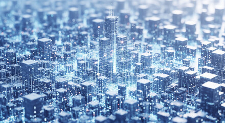 Poster - abstract digital city skyline, glowing blue buildings, interconnected network, symbolizing technolog