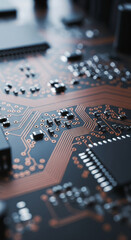 Poster - Close-up of circuit board, showcasing intricate copper pathways on dark surface, symbolizing technology, innovation, and connection