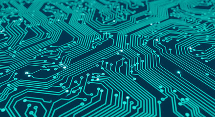 Fototapete - Abstract teal circuit board texture, intricate pattern of lines and nodes, symbolizes technology, connection, and innovation, ideal for tech backgrounds