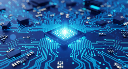 Poster - Close-up of a central processing unit on a circuit board, glowing blue, showcasing technological advancement and digital innovation, ideal for tech or science backgrounds