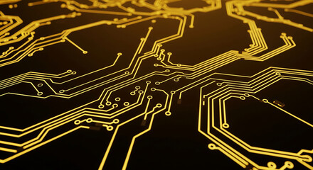 Fototapete - Close-up of gold circuitry on dark background, intricate network of lines and nodes, symbolizing technology, connection, and innovation