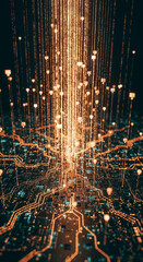 Fototapete - Abstract digital artwork depicts glowing orange lines and cubes, resembling a circuit board, symbolizing data flow, network, connectivity, and technology
