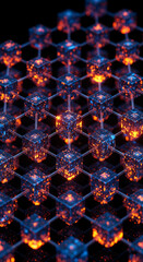 Fototapete - Interconnected glowing blue cubes with orange lights, forming a complex network structure, representing data, technology, or blockchain