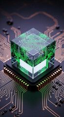Fototapete - Glass cube with green circuit board inside, on a dark circuit board, showcasing technological innovation and advanced computing