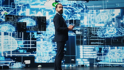 Poster - Entrepreneur uses laptop to review artificial intelligence brain system on dashboard, using high tech data visualization for coding, analytics and deep learning. Strategic growth. Camera B.