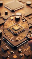 Poster - Close-up of microchip on circuit board viewed through magnifying glass, showcasing intricate electronic components, representing technological advancement and precision engineering