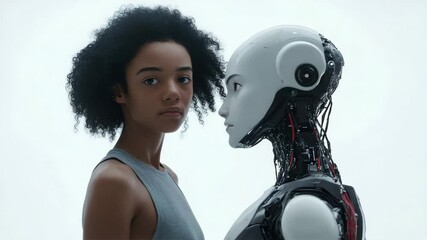 Poster - A cinematic shot of an AI robot and a black woman looking at each other. The woman turns to the camera.