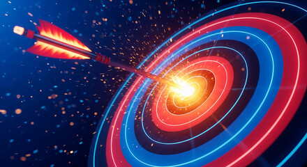 Poster - arrow hitting a target, sparks flying, red and blue neon rings, symbolizes achievement, success, and