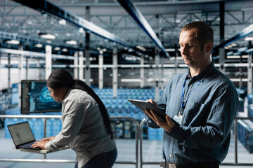 Aufkleber - Team of data center technicians analyzing equipment performance, resolving hardware failures. Server farm coworkers doing job tasks, overseeing operations, performing database backups