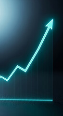 Poster - Glowing teal upward arrow graph on dark background, showcasing growth, success, and progress in business or finance