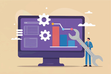 Flat vector illustration of businessman with wrench repairing computer data graph isolated on transparent background