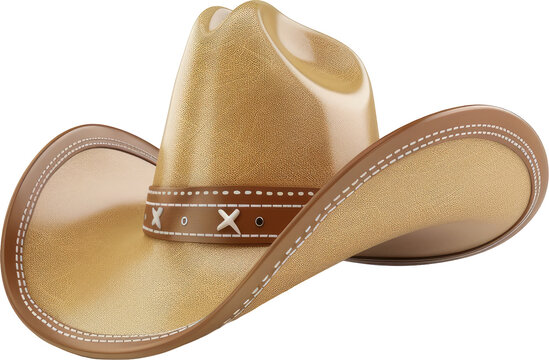 Detailed tan cowboy hat with brown trim and decorative band on white background