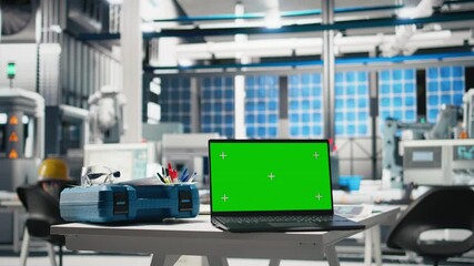 Poster - chroma key display on tablet in photovoltaics facility used for solar panels, overseeing performance
