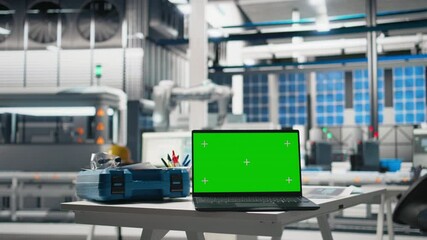 Poster - copy space display on tablet in modern photovoltaics factory used to oversee production line, empty 