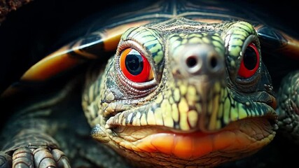 Aufkleber - Unique red-eyed turtle emerging from its cozy burrow in a lush natural habitat during a bright sunny day