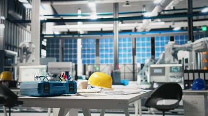 Poster - empty modern photovoltaics factory desk with safety gear and tools, ensuring seamless production of 