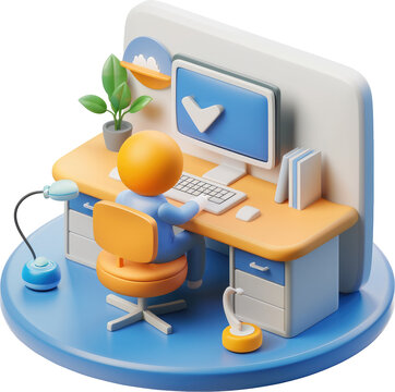 Cartoonish 3D Illustration of a Person Working at a Desk