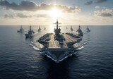 A fleet of warships, led by a massive aircraft carrier, sailing in a powerful formation across the open ocean. The sun is directly overhead, glinting off the water and the surfaces of the ships,
