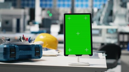 Poster - chroma key display on tablet in photovoltaics facility used for solar panels, overseeing performance