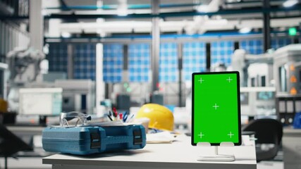 Poster - green screen on a laptop at empty photovoltaics desk to help with green energy, used for optimizing 