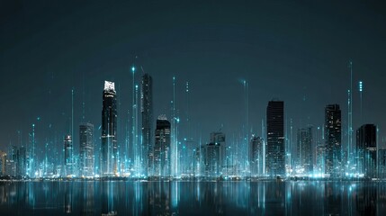 Poster - Futuristic Cityscape Night Skyline Digital Art Modern Urban Technology Abstract Background Bright Lights Elegant Design High Resolution Image Detailed City Night View Modern       