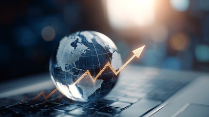 Aufkleber - Global Growth Success Business World Map Laptop Arrow Upward Digital Technology Innovation Finance Economic Progress Development International Trade Globalized Market Strategy     