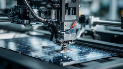 Poster - automated machinery placing a microchip onto a circuit board in a high tech production facility, rep