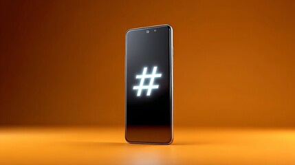 Poster - Modern Smartphone Displaying Hashtag Symbol Digital Social Media Marketing Online Communication Technology Mobile Phone Screen Bright Glowing Icon Dark Background Minimalist Design