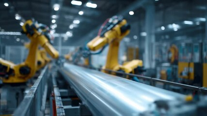 Poster - automated robotic arms performing tasks on a metal pipe within a contemporary factory setting, showc