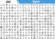 © Sk Sa - A vibrant collection of gym-related icons in black and white, showcasing fitness equipment, activities, and health symbols.