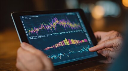 Aufkleber - Financial Data Analysis on Tablet Screen Colorful Stock Market Charts Investment Graphs Business Technology Digital Information Data Analytics Modern Technology Economic Trends    