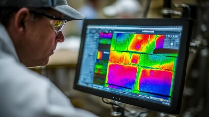 Poster - scientist wearing safety glasses and lab coat carefully examining heat map data displayed on a compu