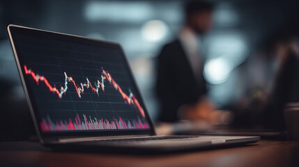 Poster - Stock Market Data Analysis Laptop Screen Showing Red Downward Trending Graph Financial Investment Business Technology Digital Chart Economic Report Modern Workplace Businessperson 