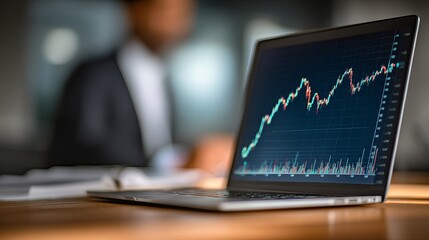 Aufkleber - Laptop Screen Showing Stock Market Growth Graph Financial Business Data Analysis Investment Technology Progress Modern Workplace Digital Economy Economic Trends Financial Success  