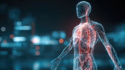 Poster - Futuristic 3D wireframe of human anatomy glowing against dark medical science backdrop