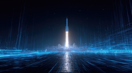 Aufkleber - Digital scene of high-tech rocket amid blue glowing lines and abstract space backdrop