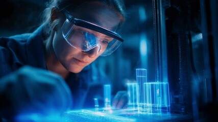 Poster - female technician wearing safety glasses controlling a futuristic 3d printer with a hologram showing
