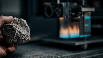 Poster - Close up of a scientist's hand presenting a freshly printed rock like material, showcasing the capabilities of innovative 3d printing technology in a laboratory setting