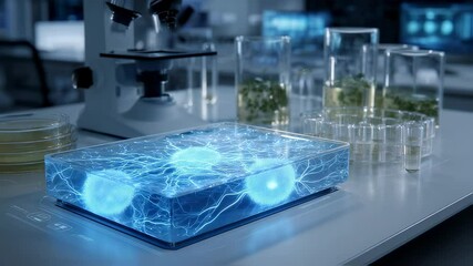 Poster - glowing cells thriving in a transparent bioreactor, illuminated by blue light within a laboratory fi