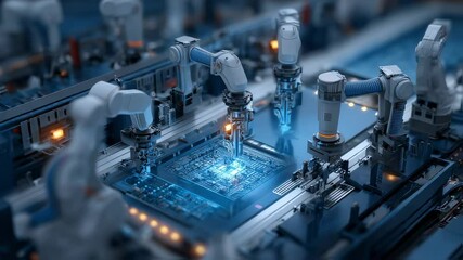 Poster - multiple robotic arms working collaboratively in a factory, assembling and inspecting microchips on 