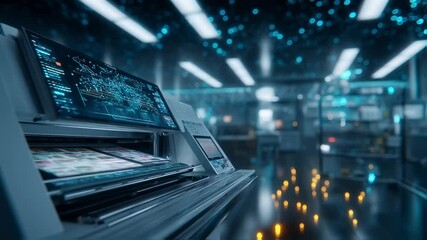Aufkleber - Modern digital printing press processing colorful prints in innovative printing house, featuring advanced technology and futuristic design with glowing lights