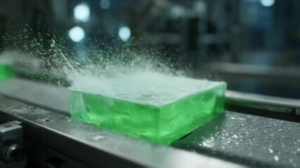 Poster - innovative green product splashing water while moving on automated conveyor belt in modern factory, 