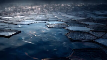 Poster - Floating on a calm water surface, an innovative hexagonal grid structure reflects shimmering city lights, creating a captivating scene of urban harmony and advanced technology