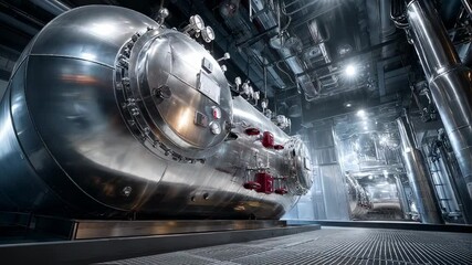 Poster - Gleaming metal surfaces of complex machinery reflect bright lights, emphasizing advanced technology and innovation within a modern industrial plant