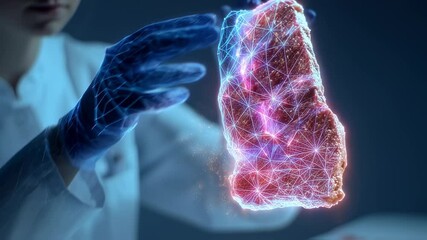 Poster - Food science professional wearing protective glasses and gloves examining a piece of meat with a futuristic interface, showcasing innovation in food technology and analysis